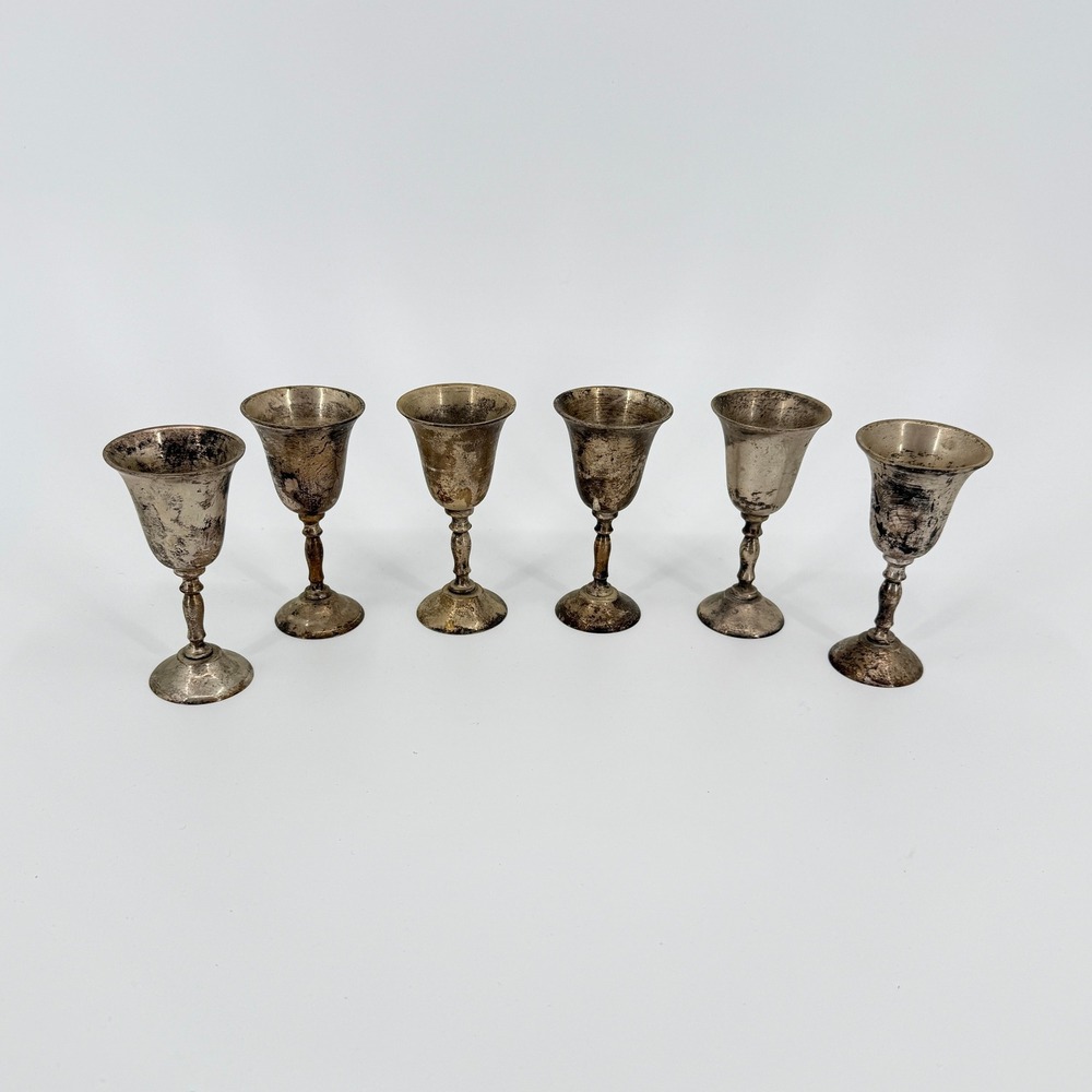 Vintage E.P. Brass India Set of 6 Silver Plated Brass Goblets Cordial Barware